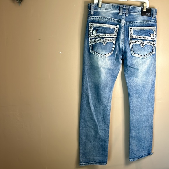 1738 Dynasty Blue Denim Distressed Embroidered Back Pocket Jeans. Size 36 - Picture 2 of 15